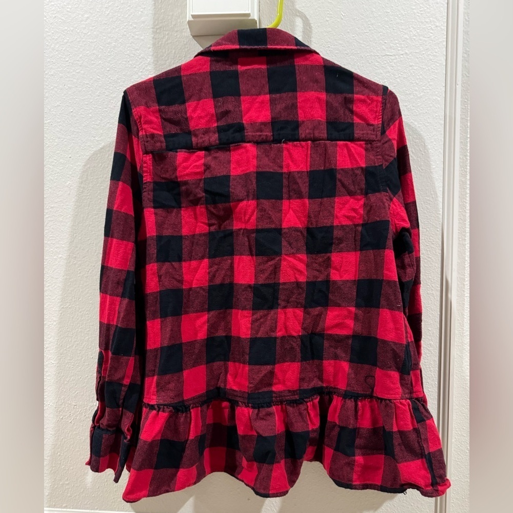 Women's XL Harlow & Rose Red/Black Plaid Drop Waist Ruffle Button Down Shirt - Picture 3 of 3